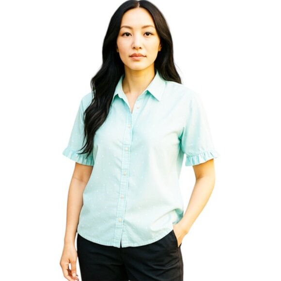 Kate Spade Small Mint Green Short Ruffle Sleeve Button Down Polka D… - Picture 1 of 5